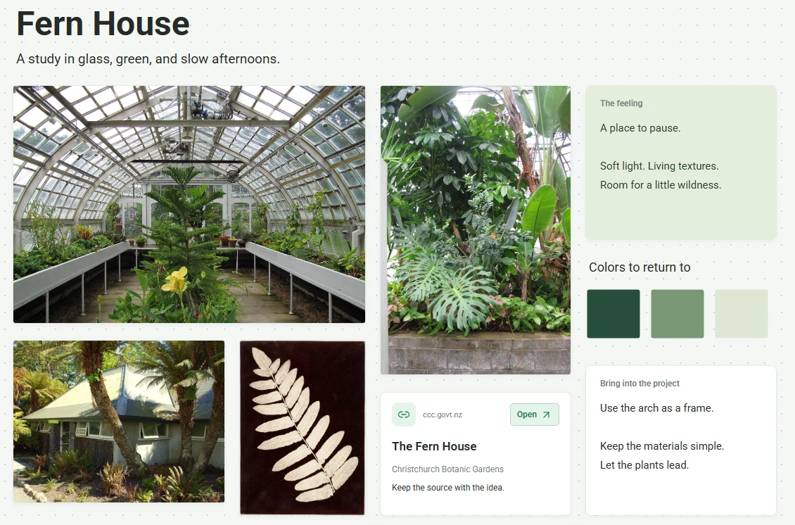 A sample CanvNest board combining reference images, notes and a source link.
