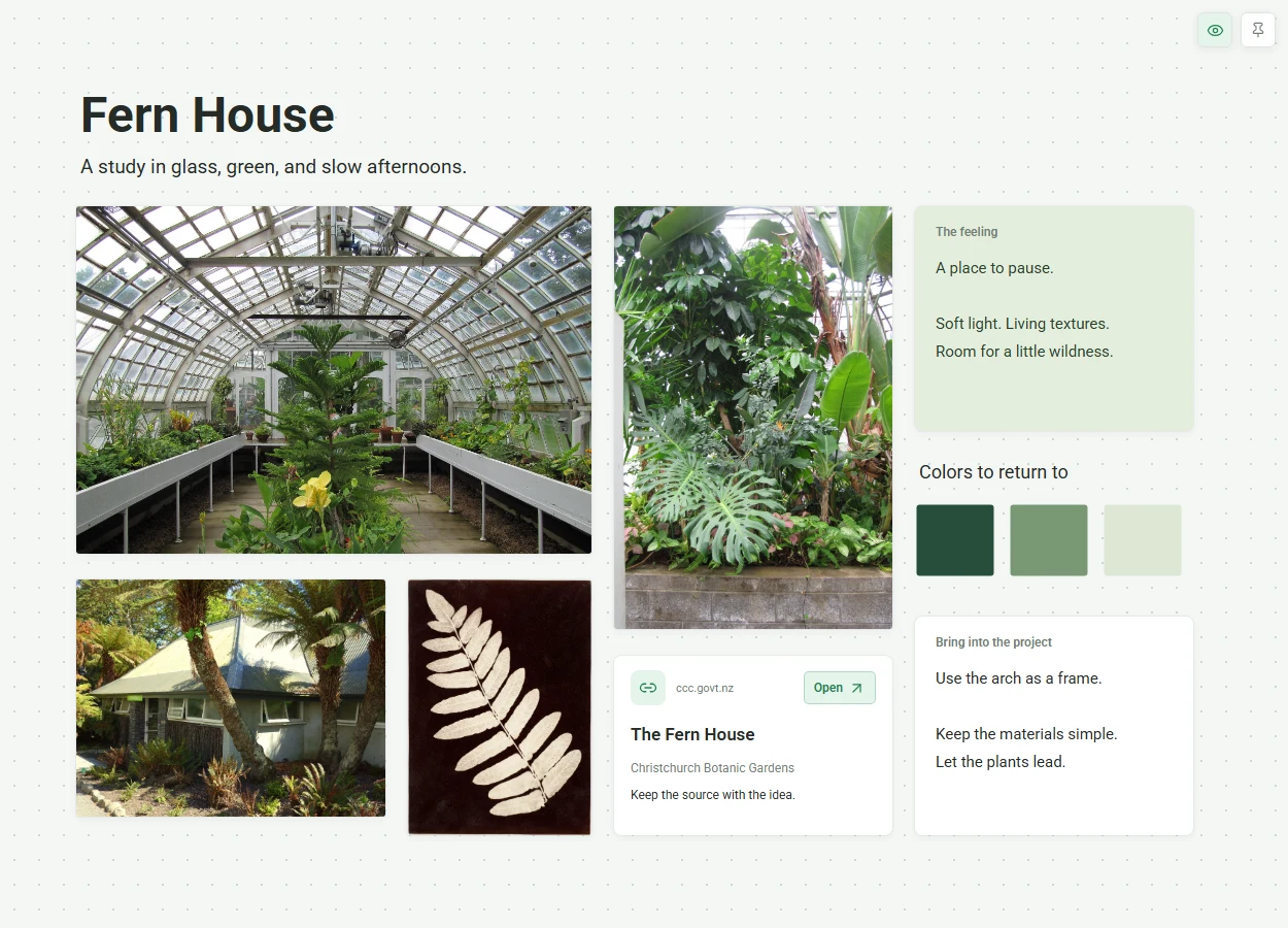 CanvNest in immersive mode, showing the sample references with editing tools hidden.