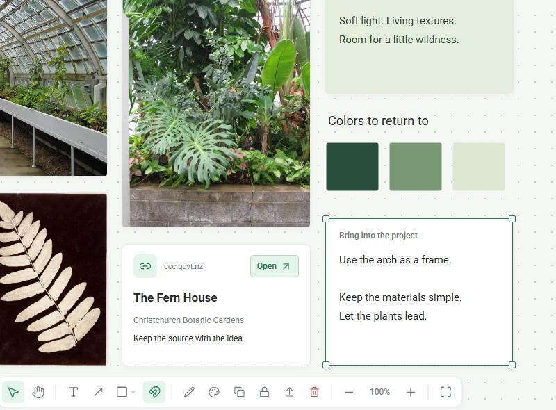 CanvNest sample board arranged with aligned images, notes and visual connections.