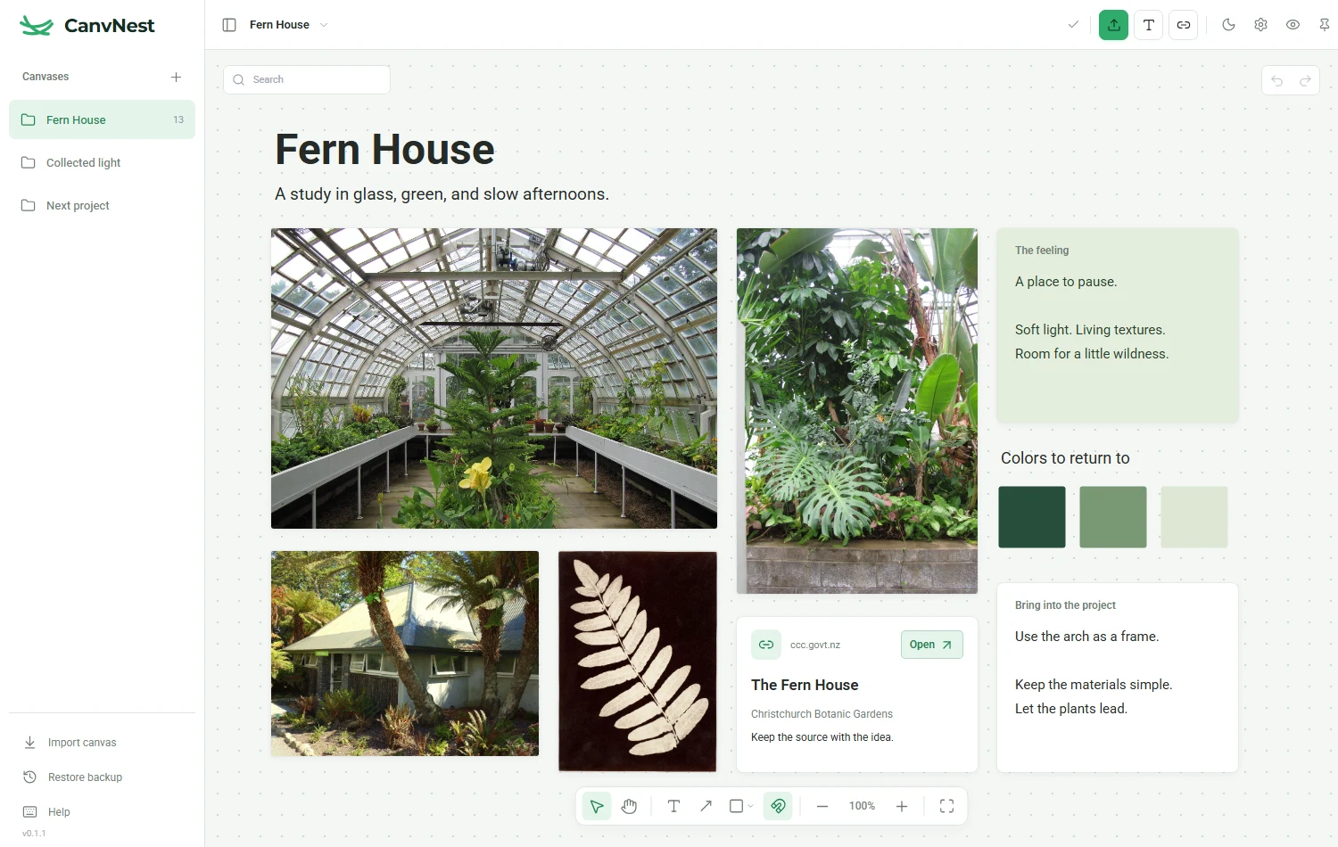 CanvNest showing a Fern House reference board with botanical images, architectural references and notes.